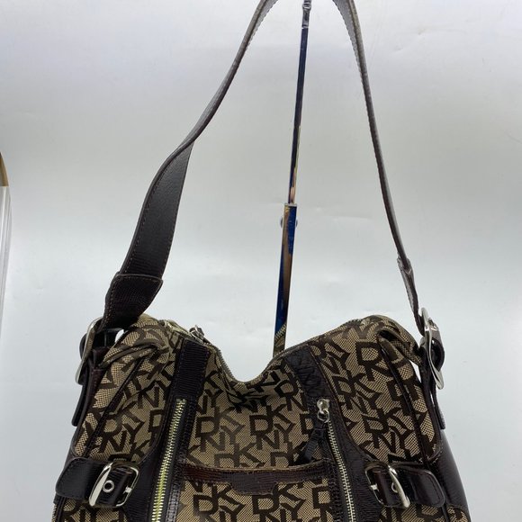 DKNY Brown Tan All Over Logo Fabric Hobo Bag - Picture 2 of 12